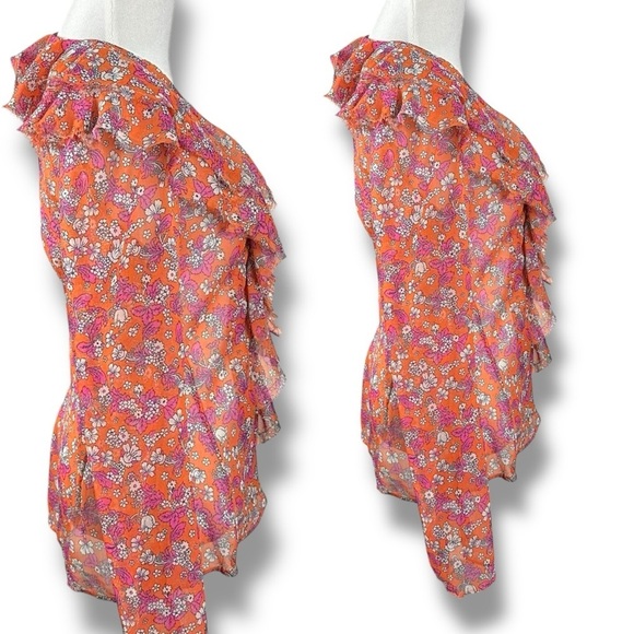 Free People Nina Printed Top Tulips XS Ditsy Floral V Neck Plunge Ruffles Sheer - Picture 8 of 15